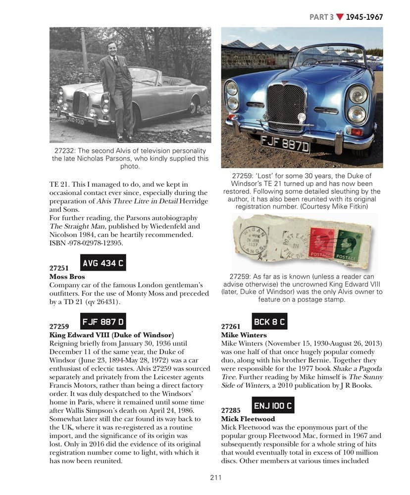 Book page with vintage car photos and captions; includes model names and numbers.