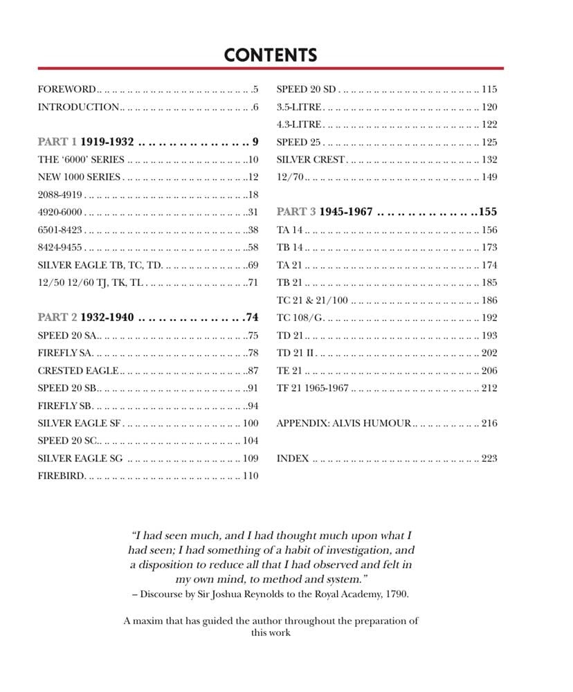 Book contents page with section titles and page numbers; includes quotes at bottom.