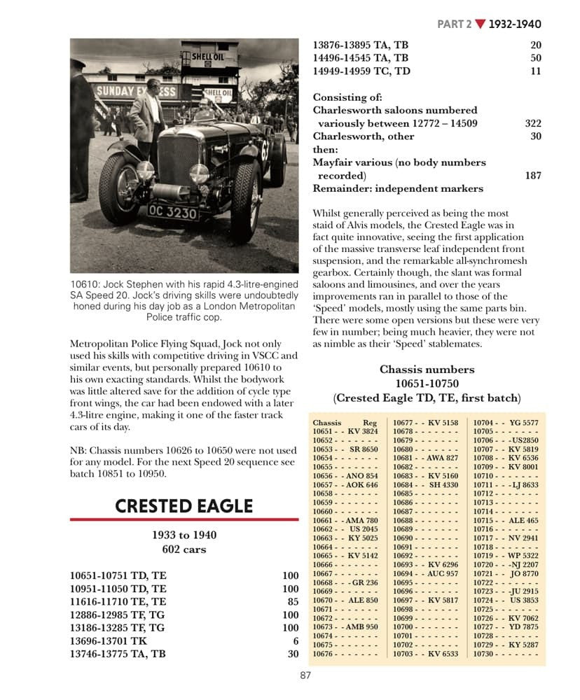 Book page with vintage car photo and “Crested Eagle” table of numbers and models.