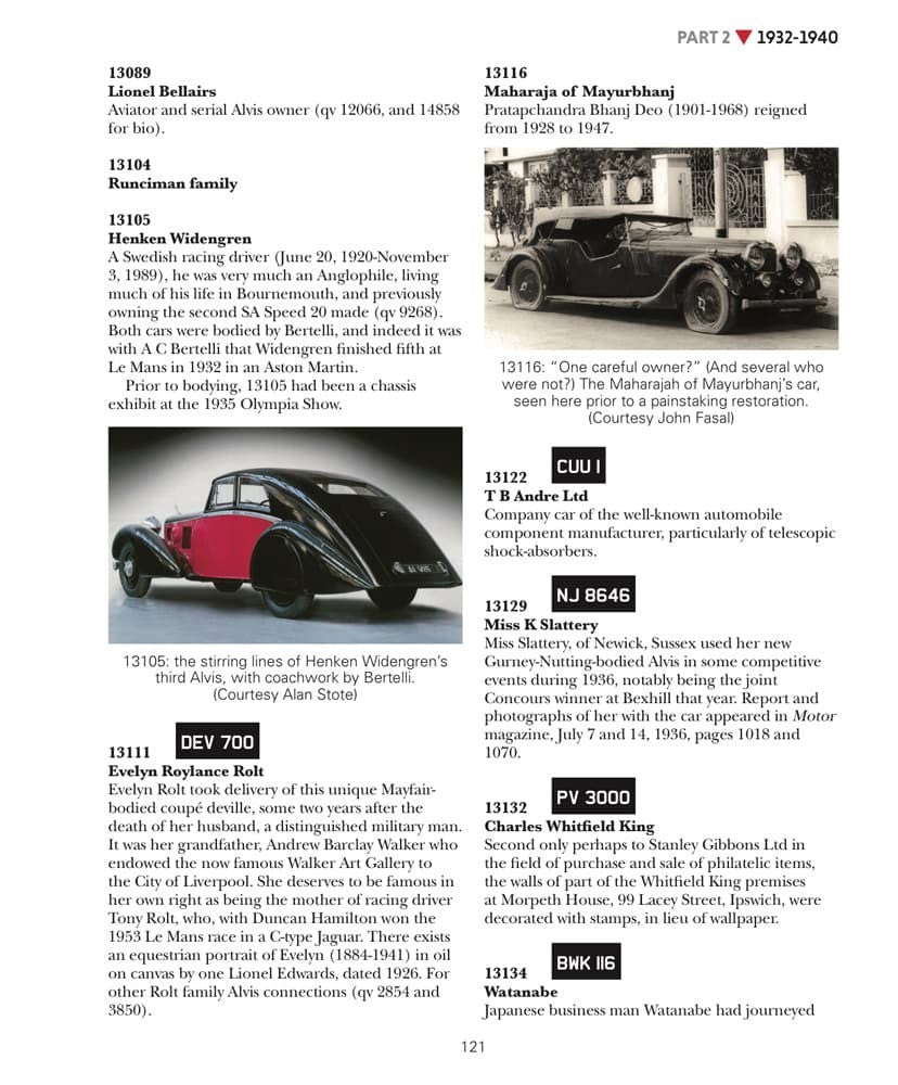Book page with vintage car photos, numbered entries, and paragraph text.