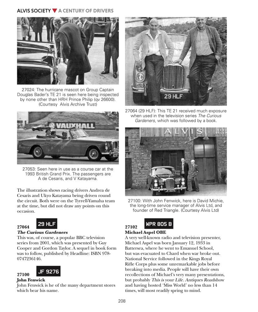 Book page with multiple vintage car photos and captions; includes names and numbers.