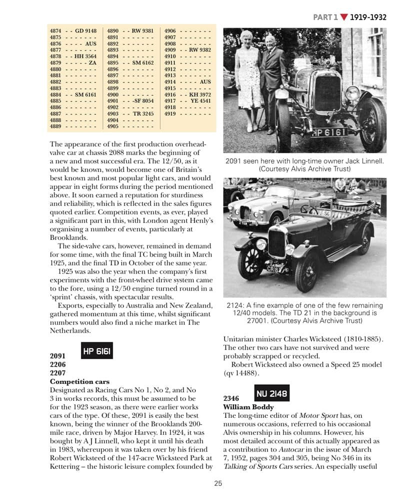 Book page with vintage car photo and numbered model entries with paragraphs.