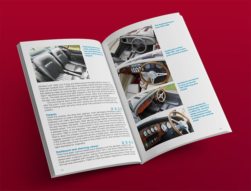 Automotive buyer's guide book open showing interior photos of a classic sports car.