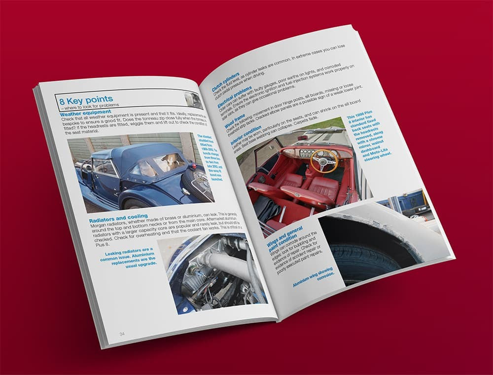 Automotive buyer's guide book open to key points with interior and tire detail photos.