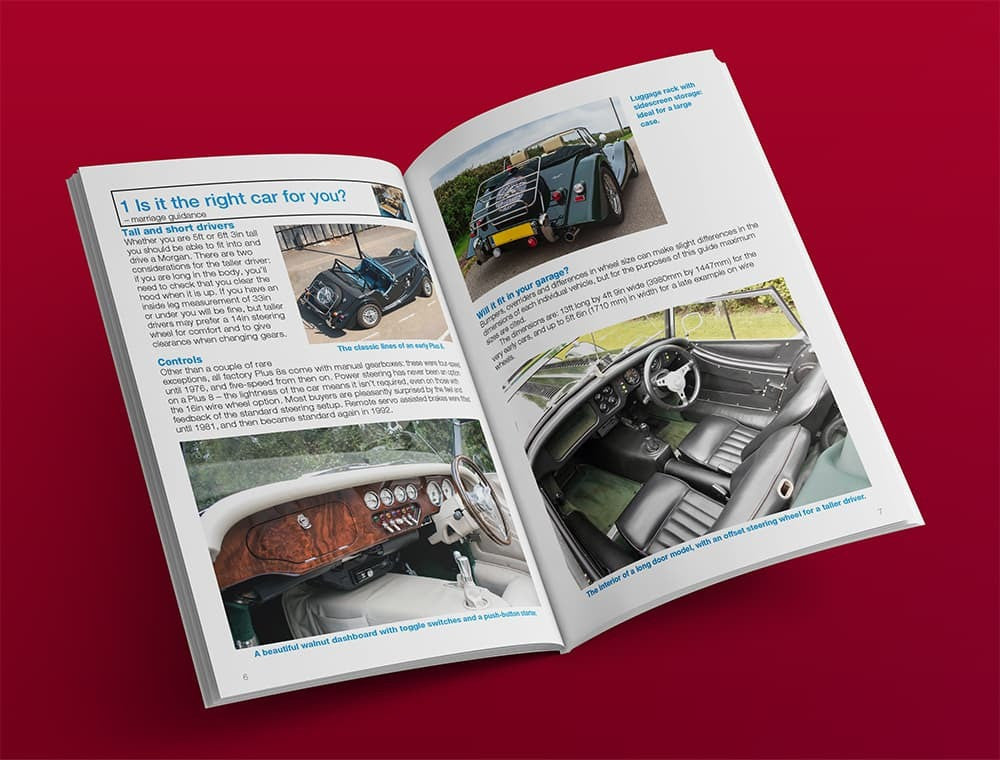 Classic car buyer's guide book open to Morgan Plus 8 dashboard photo