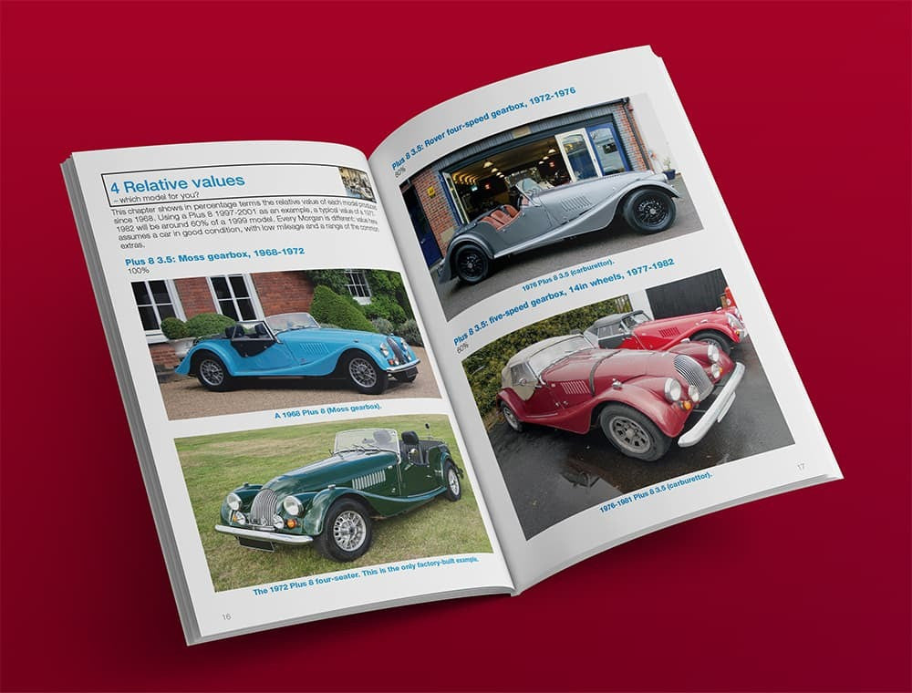 Automotive buyer's guide book open to car photos: blue, red, and green sports vehicles.