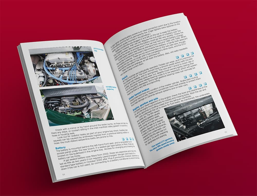 Automotive buyer's guide book open with engine bay and component photo spreads.