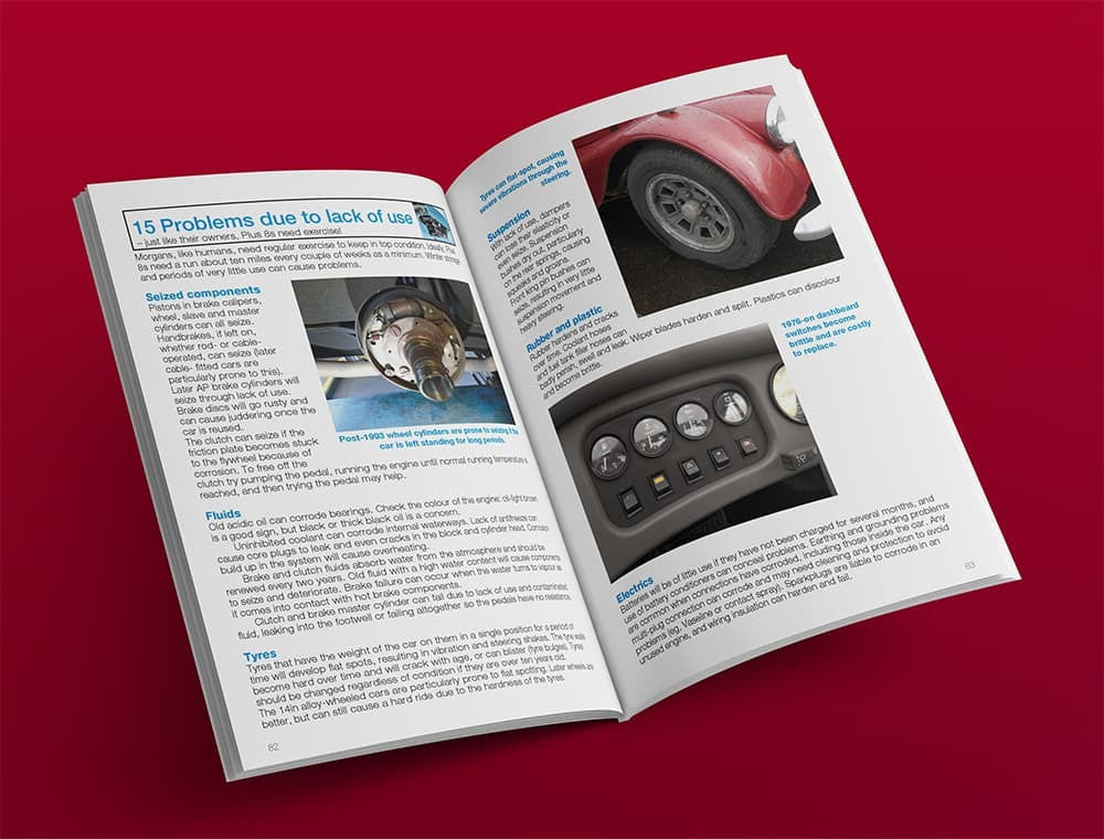 Classic car buyer's guide book open to brake and dashboard detail photos