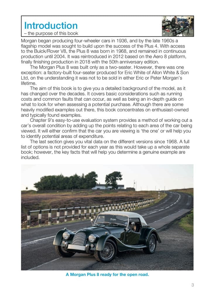 Automotive buyer's guide introduction page with a road photo of a classic car.