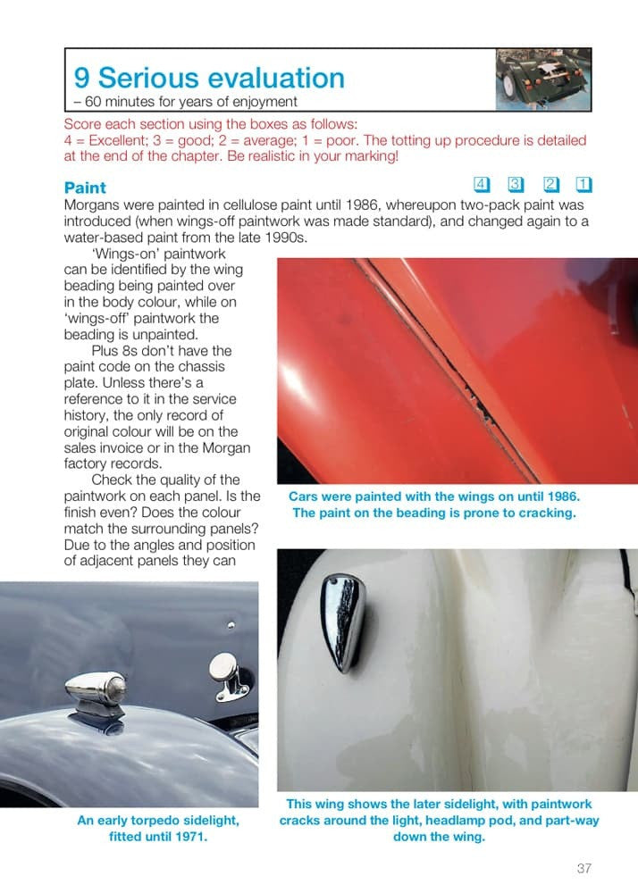 Automotive buyer's guide page showing paint advice and car body detail photos.