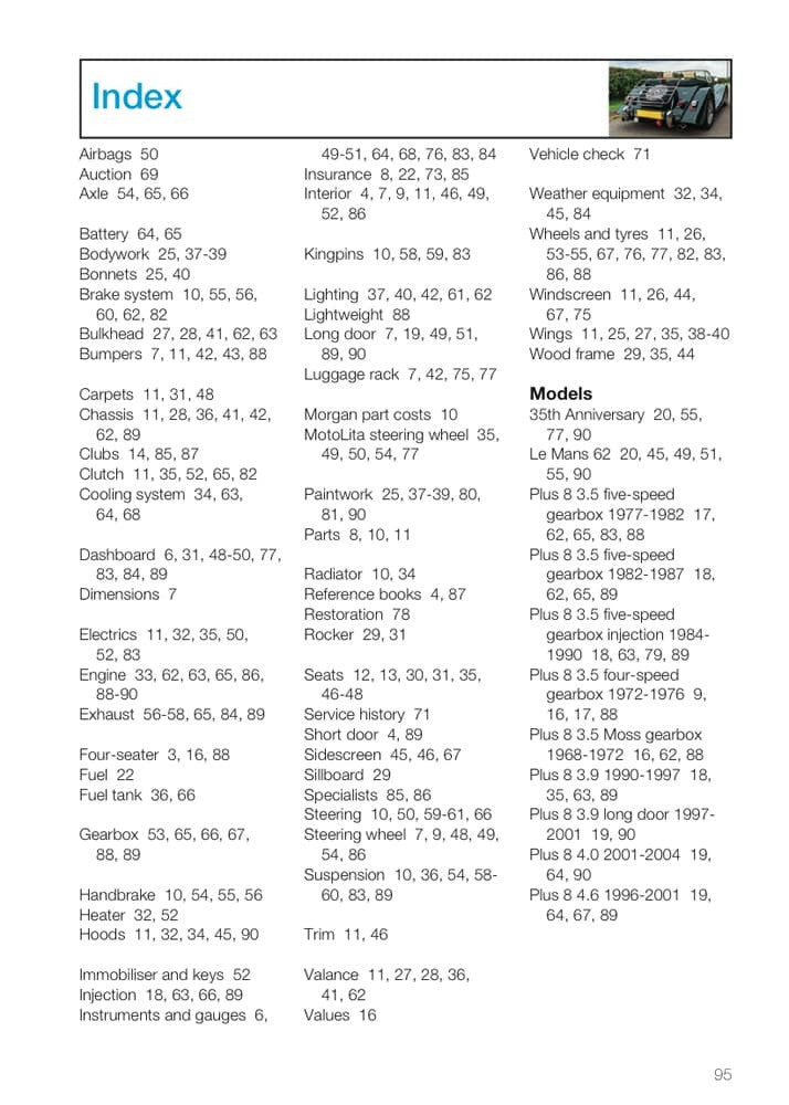 Book index page with vehicle model listings in columns and a small car photo