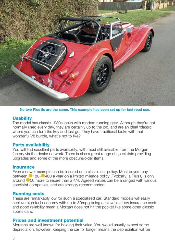 Morgan Plus 8 convertible with red body, black interior, and chrome bumpers