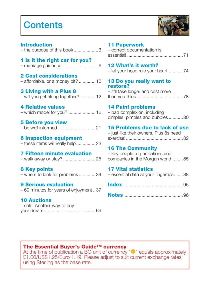 Automotive buyer's guide contents page with sections and page numbers.
