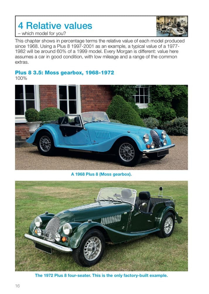 Automotive buyer's guide page showing two classic car photos in blue and green.