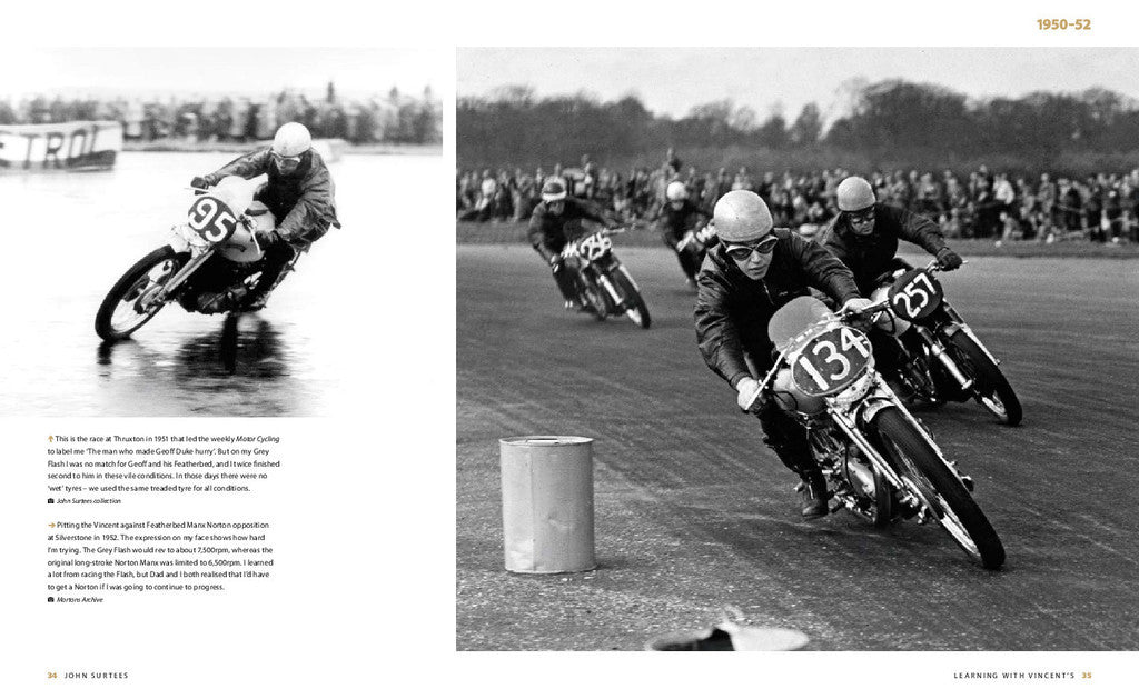 Motorsport biography book spread, vintage motorcycles riding through a turn