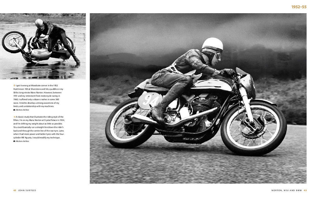 Motorsport biography book spread, motorcycle rider in black-and-white on track