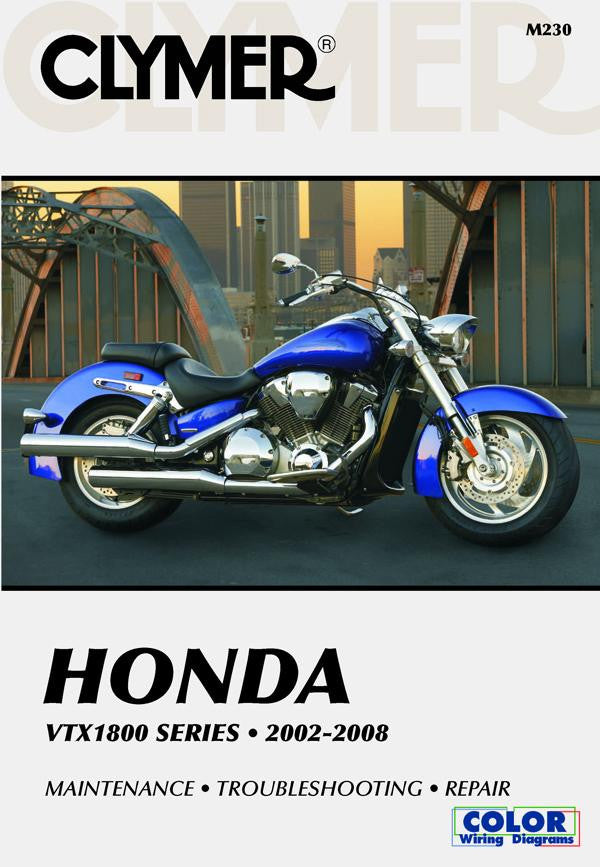 Honda VTX1800 service repair manual cover with blue motorcycle photo and Clymer logo