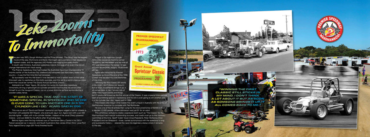 Illustrated sprintcar history book spread with text pages and historic race photos