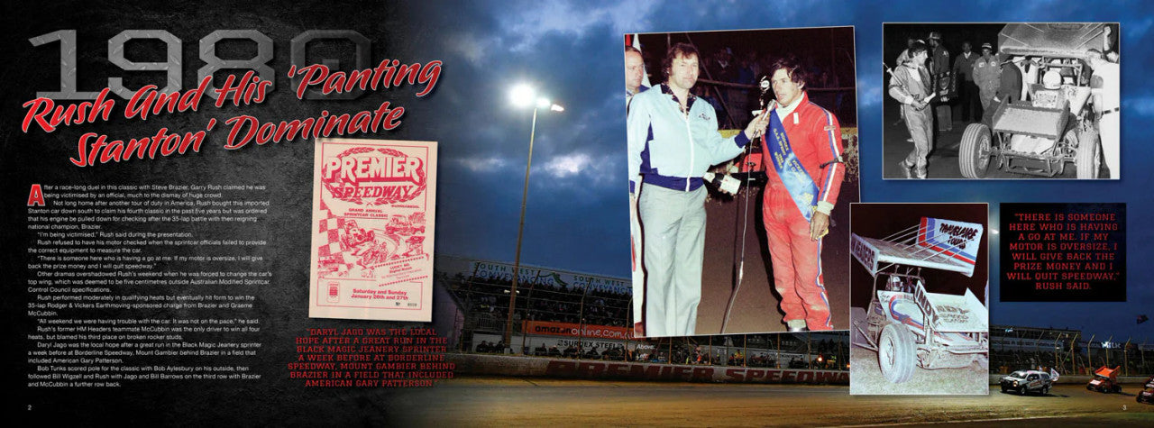 Illustrated sprintcar history book spread with racing poster, photos, and captions