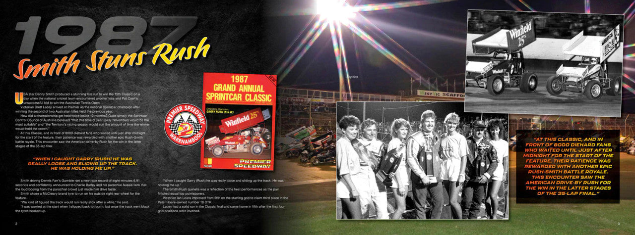 Illustrated sprintcar history book spread with cover, team photo, and race-car images