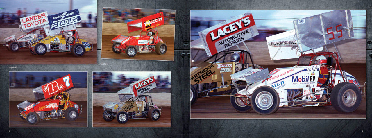 Illustrated sprintcar history book spread with several sprintcar photos in a grid