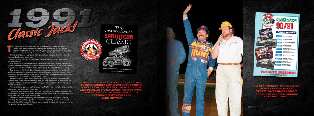 Illustrated sprintcar history book spread with people standing and race-car posters
