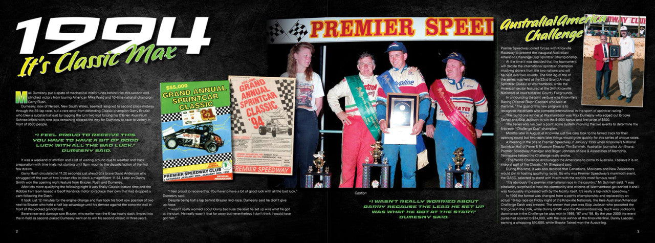 Illustrated sprintcar history book spread with group photo and award-themed pages