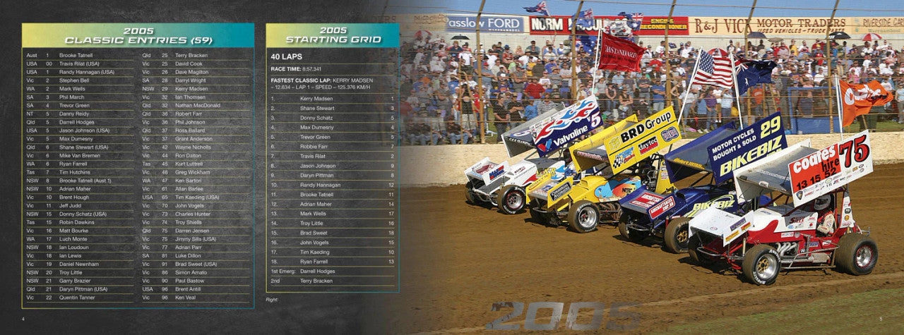 Illustrated history book page with drivers list and lineup photo of sprintcars