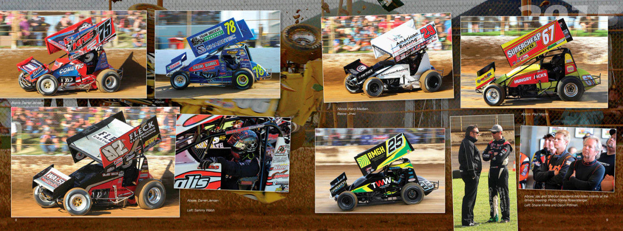 Illustrated sprintcar history book spread with multiple race-car photos and drivers