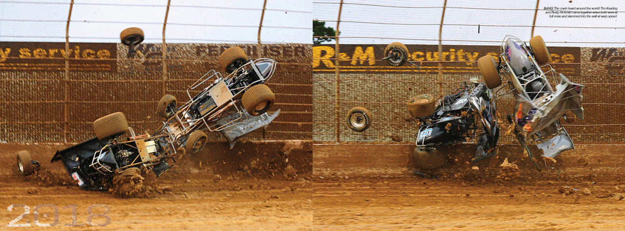 Illustrated history book page with sprintcars racing on dirt track photo