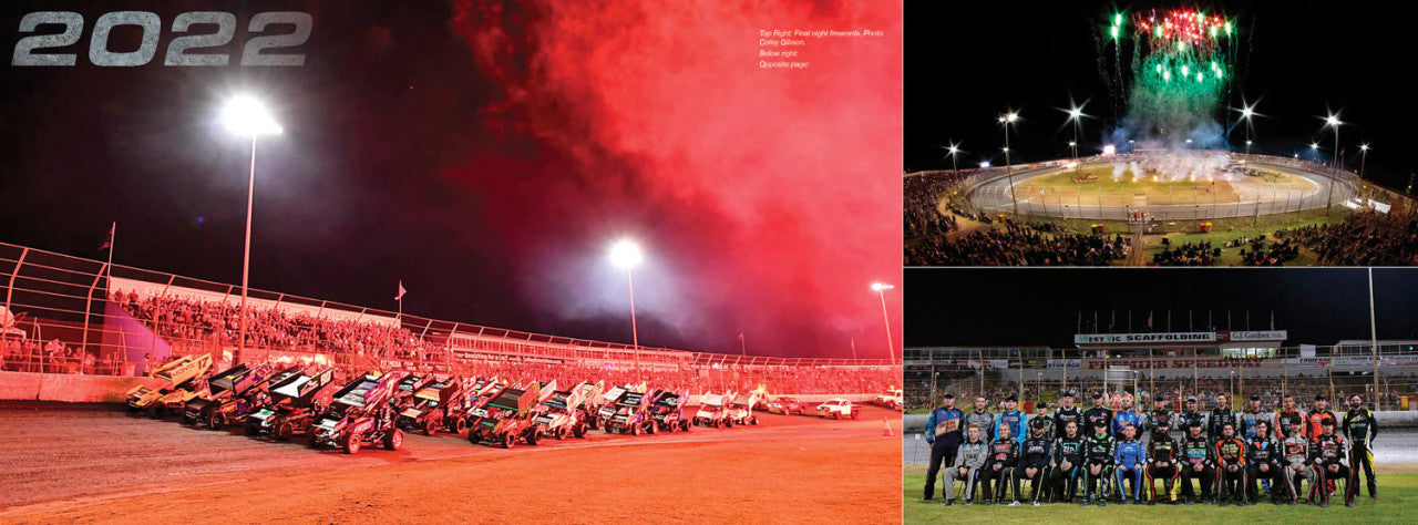Illustrated sprintcar history book spread with nighttime crowd and parade car scene