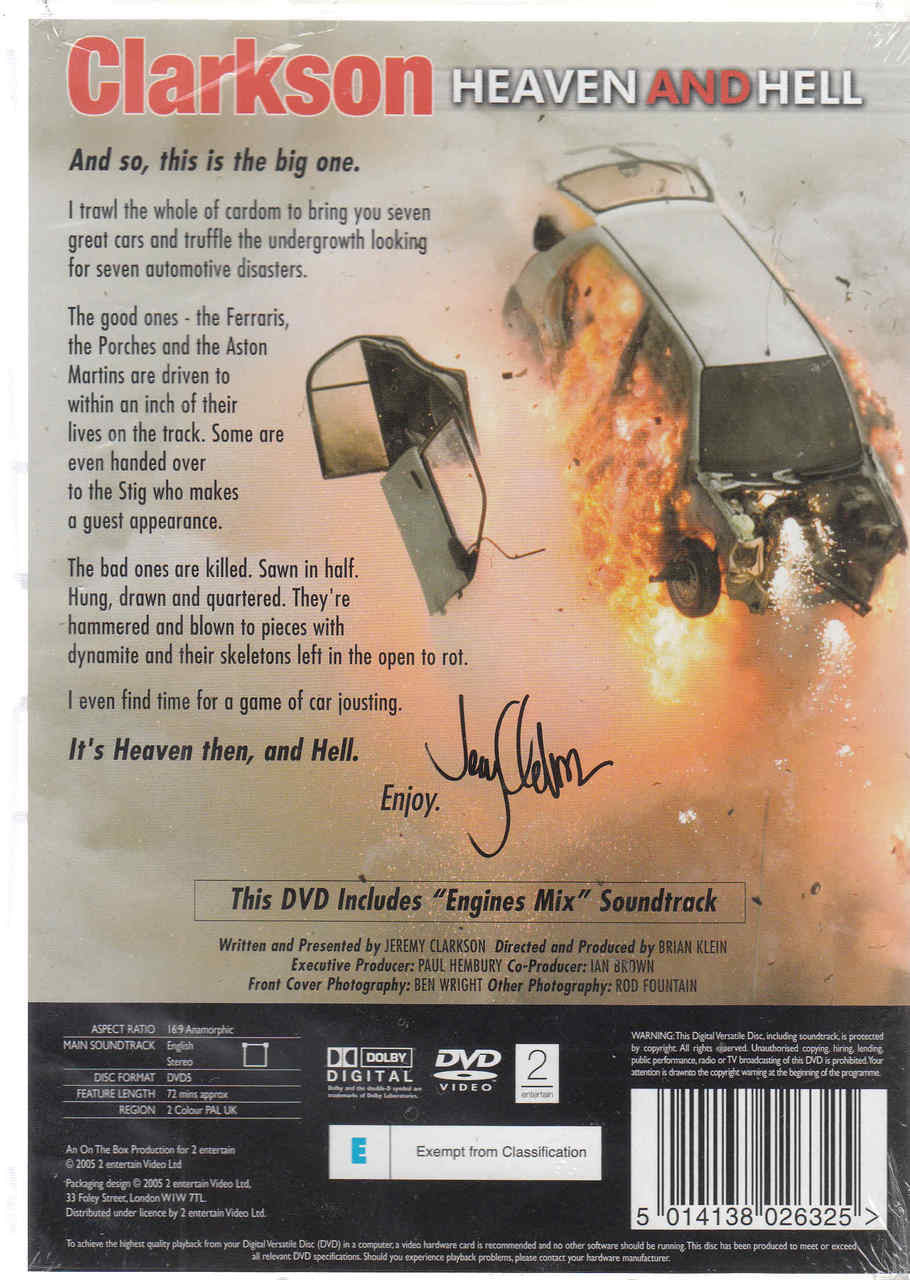 DVD back cover with synopsis text, damaged car illustration, and signature