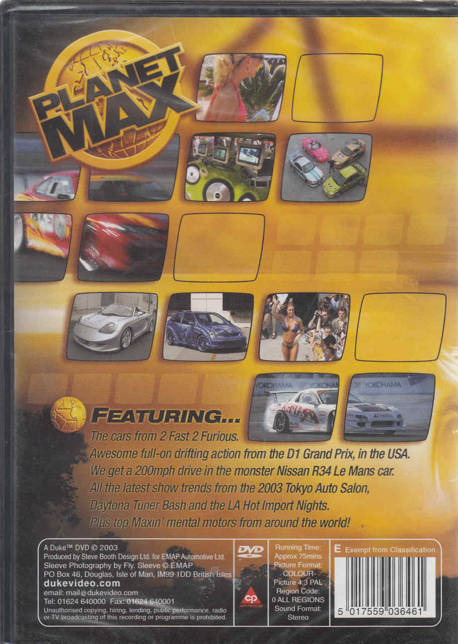 Planet Max Global Chaos DVD back cover with feature text and vehicle thumbnails