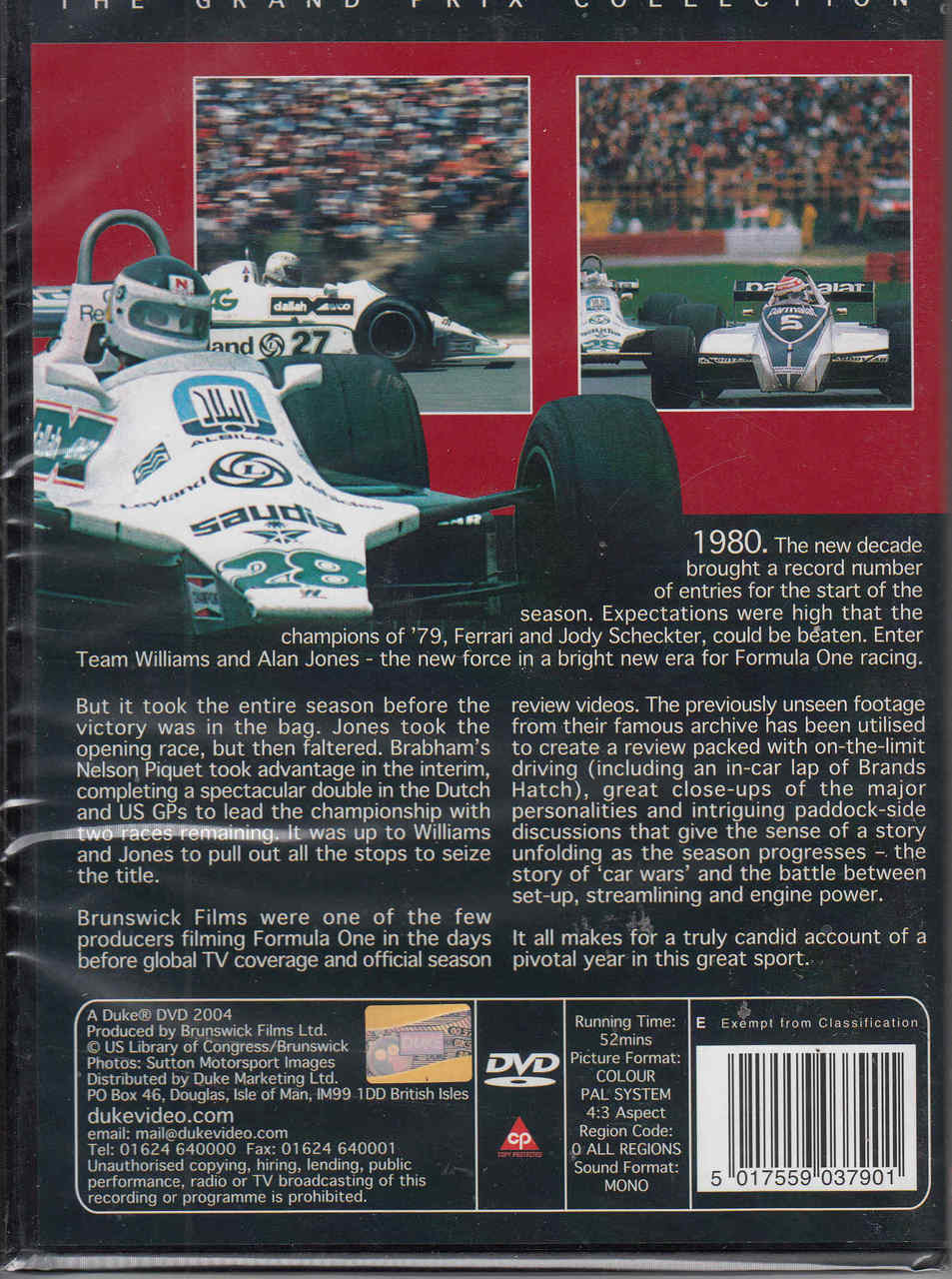 Racing DVD back cover with two car photos, barcode, and DVD logo