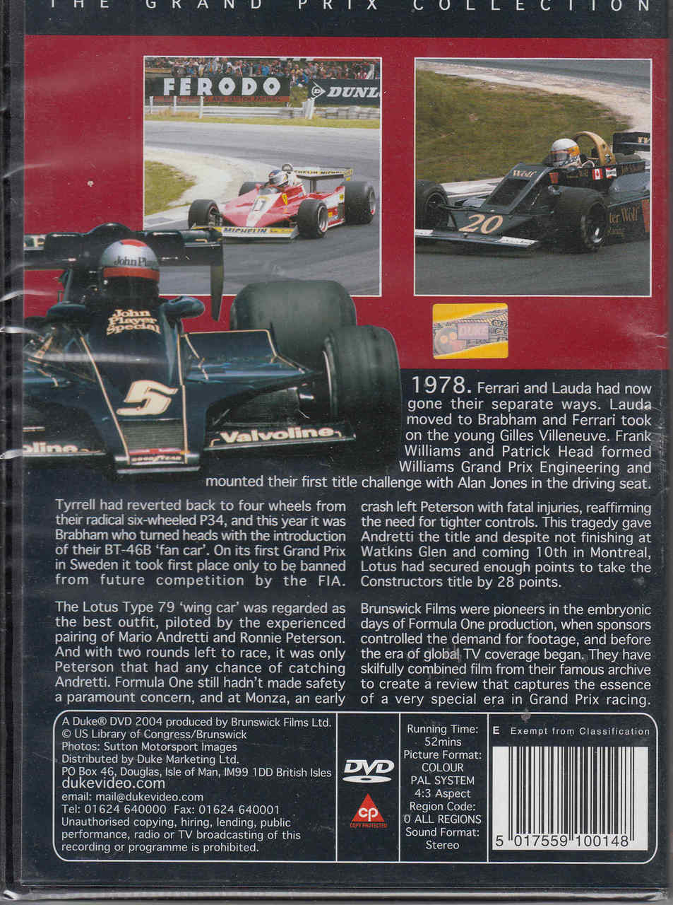 Racing DVD case back with circuit photos, car images, and 1978 Ferrari details
