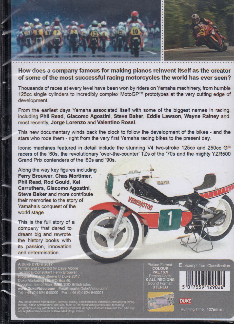 Yamaha racing history DVD back cover with description text and race motorcycle photo