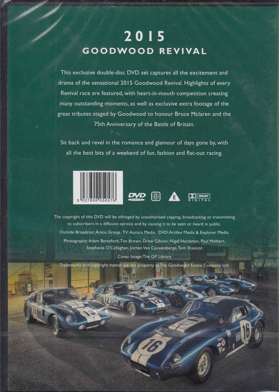 Goodwood Revival 2015 DVD back cover with barcode and lineup of vintage race cars
