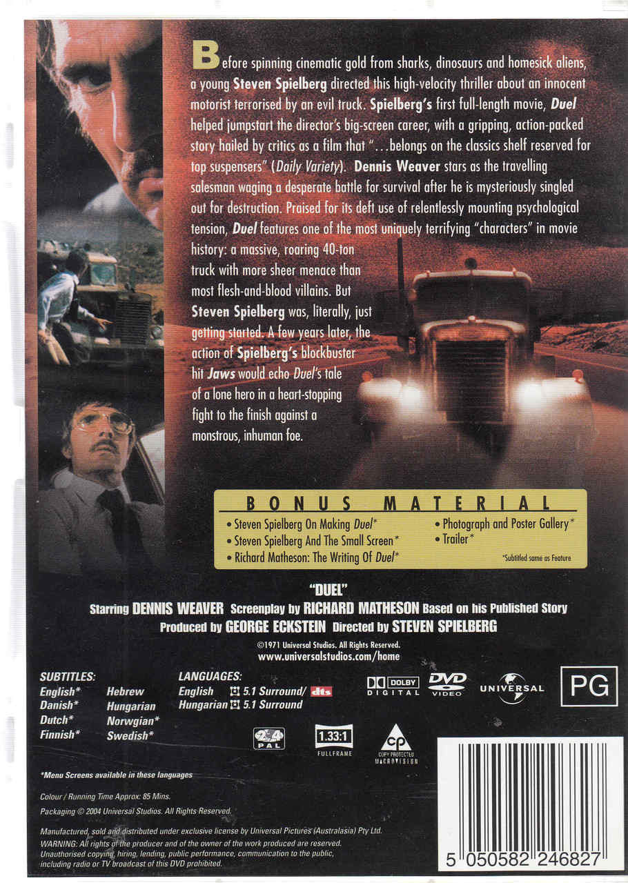 Duel Special Edition DVD case back with cast photos, synopsis text, barcode