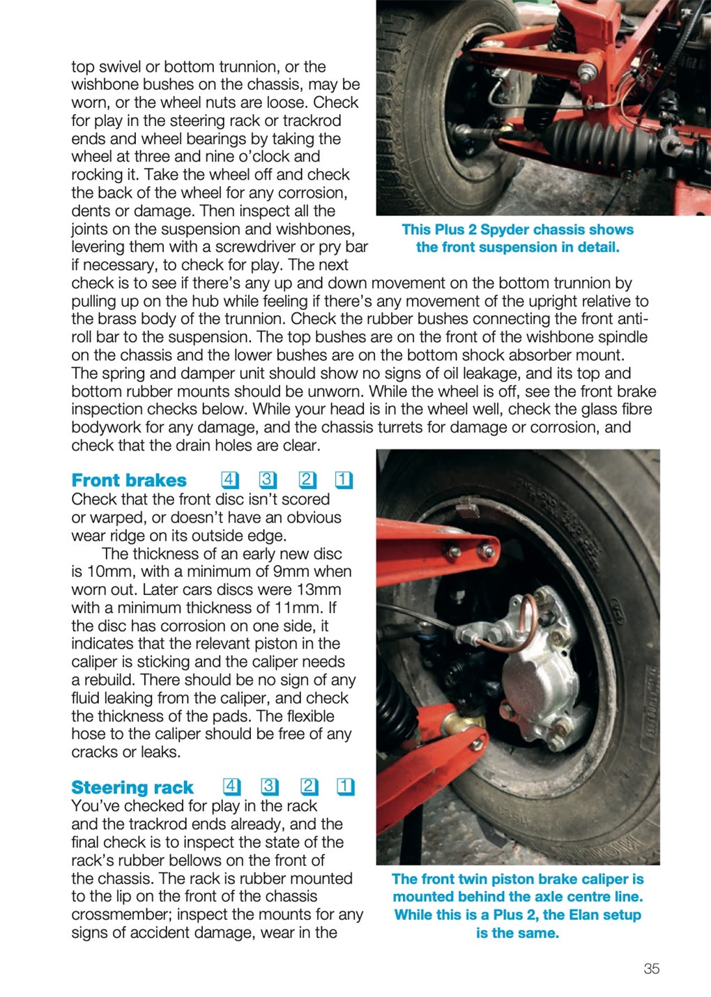 Lotus Elan buyer's guide chassis page with wheel and brake photos and labels