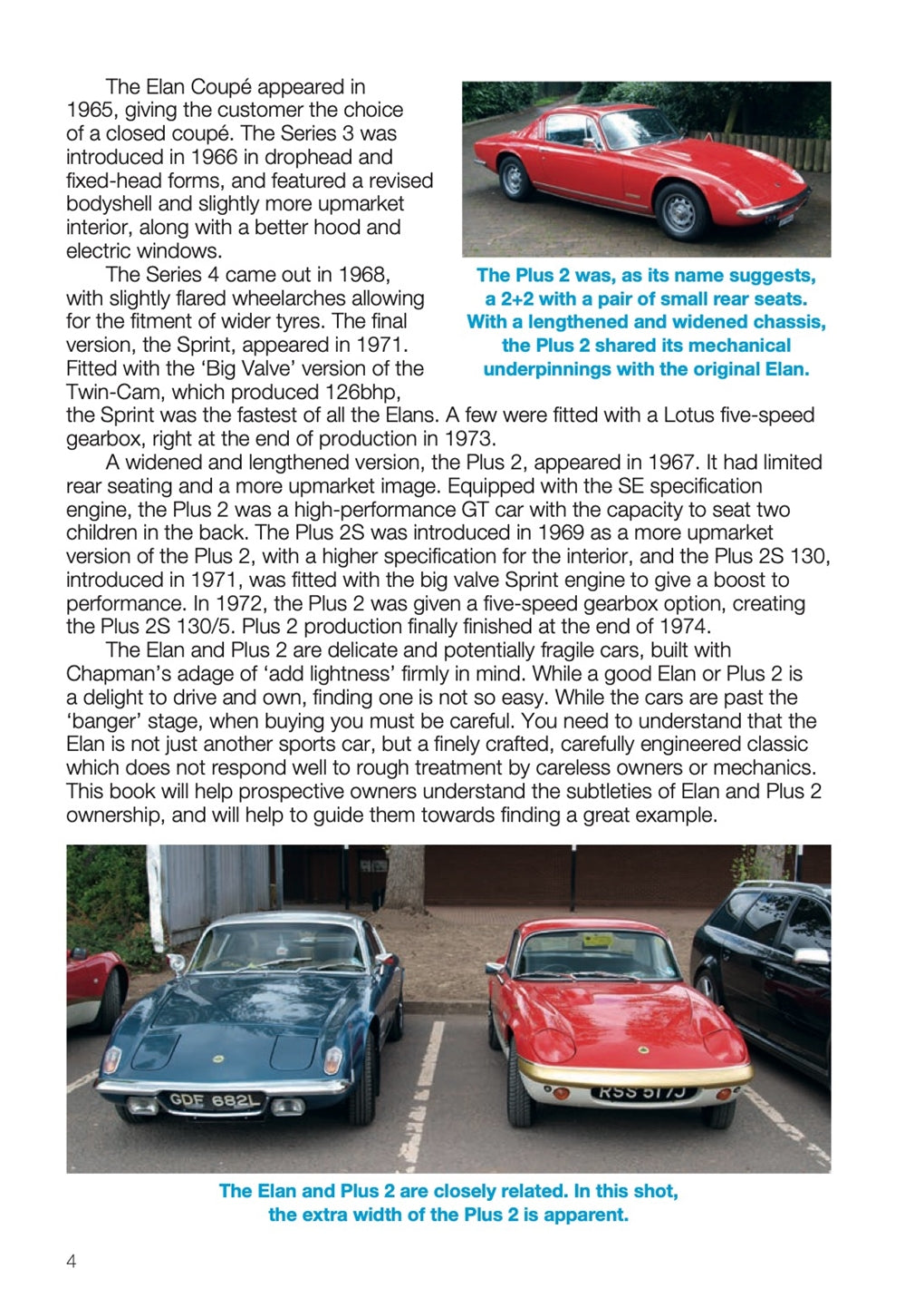 Lotus Elan buyer's guide inner page with car photos and printed paragraphs