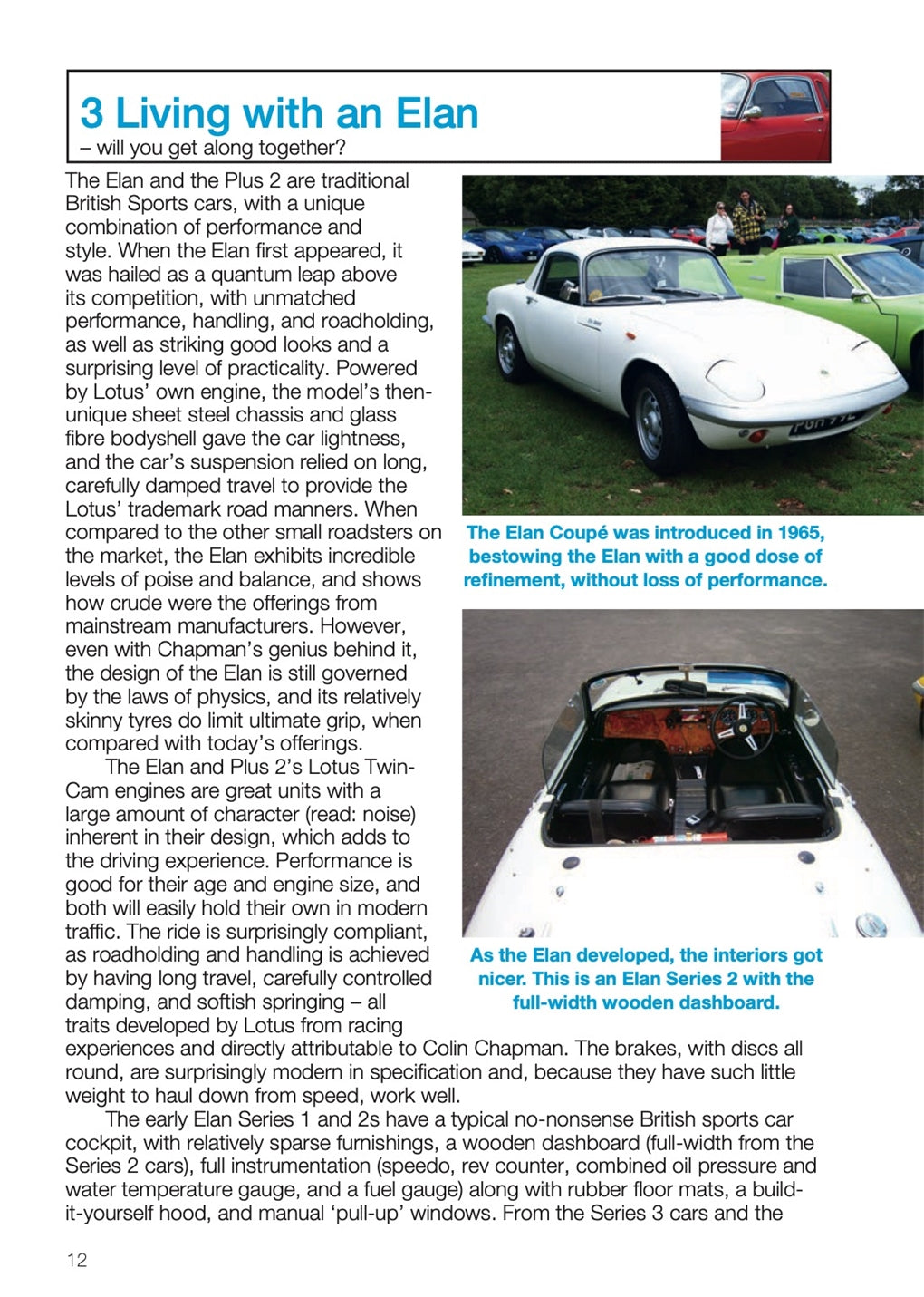 Lotus Elan buyer's guide page titled “3 Living with an Elan” with car photos