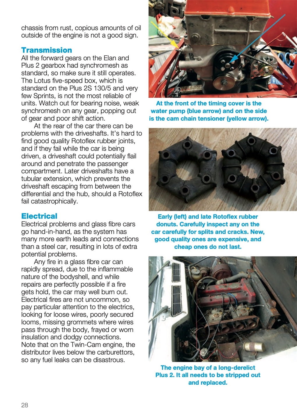 Lotus Elan buyer's guide technical page with engine bay photos and headings