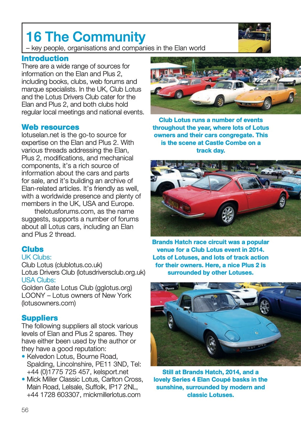Lotus Elan buyer's guide page titled “16 The Community” with car photos