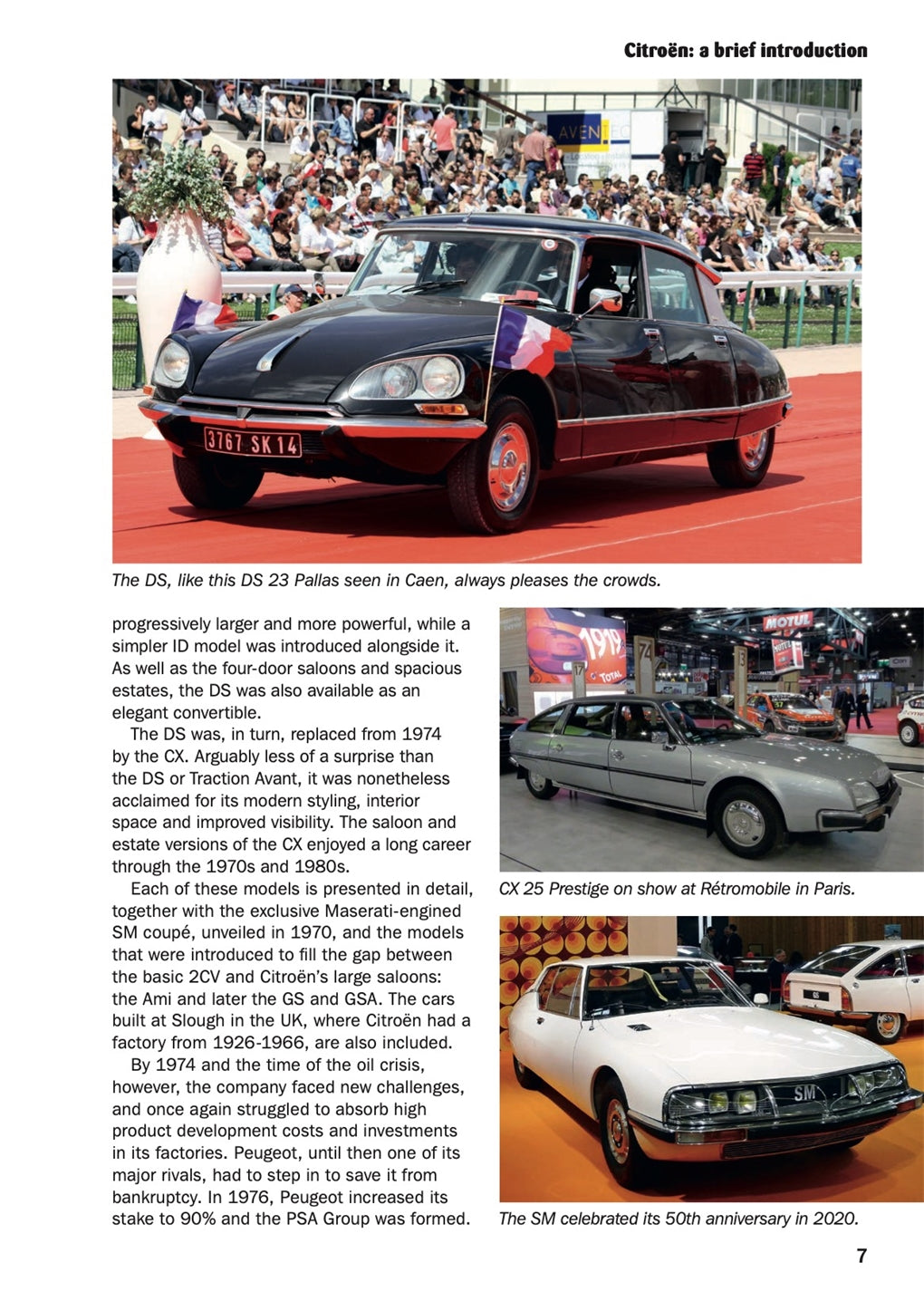 Citroën cars pictorial history book page with black car at an event