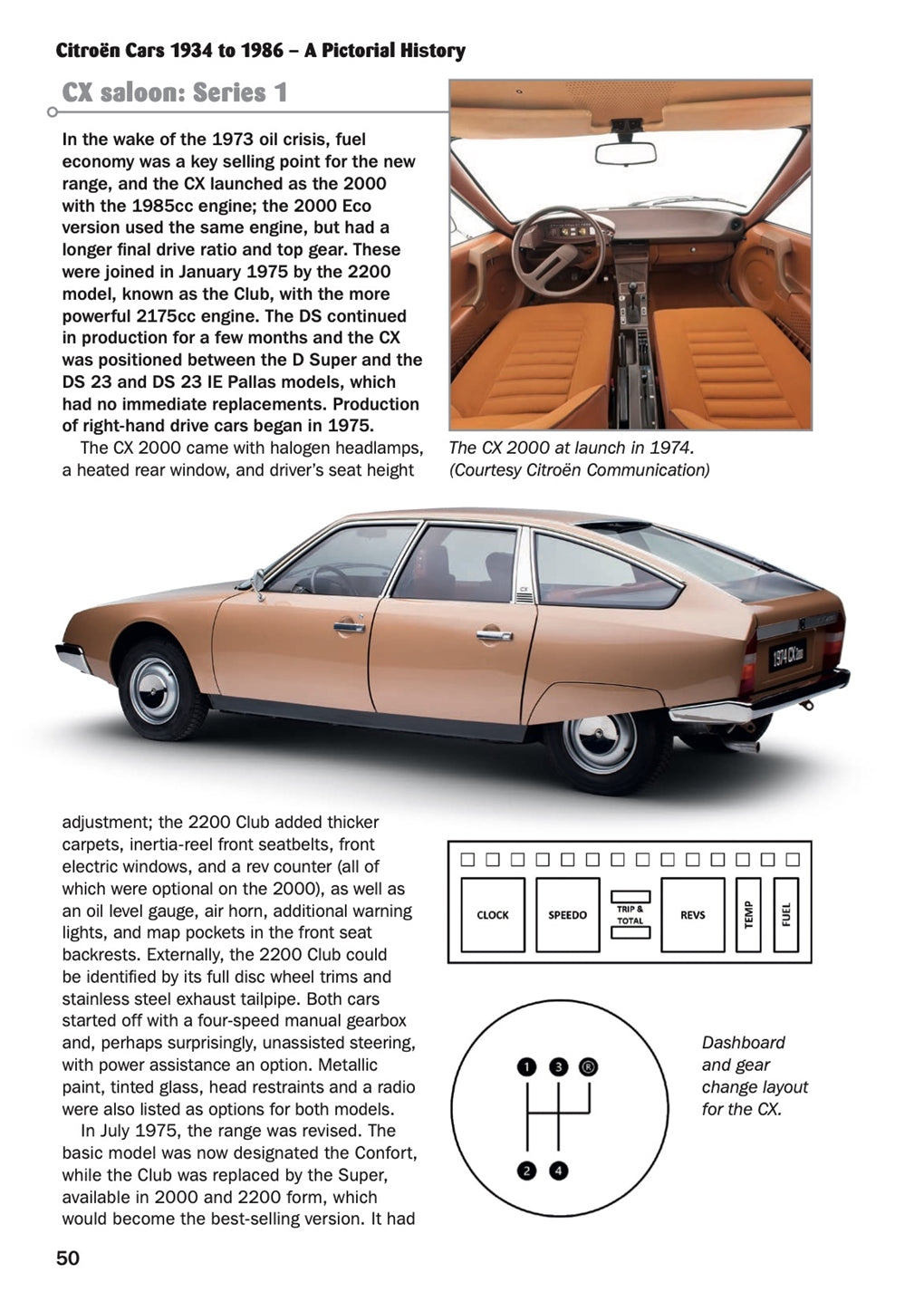 Citroën cars pictorial history book page with tan sedan side view
