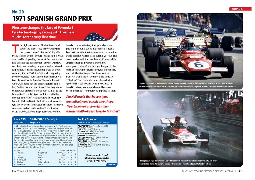 1971 Spanish Grand Prix spread with text pages and red race car photos