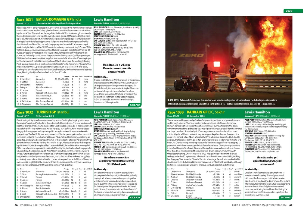 Race chapter spread with driver tables and photo of flames near the track