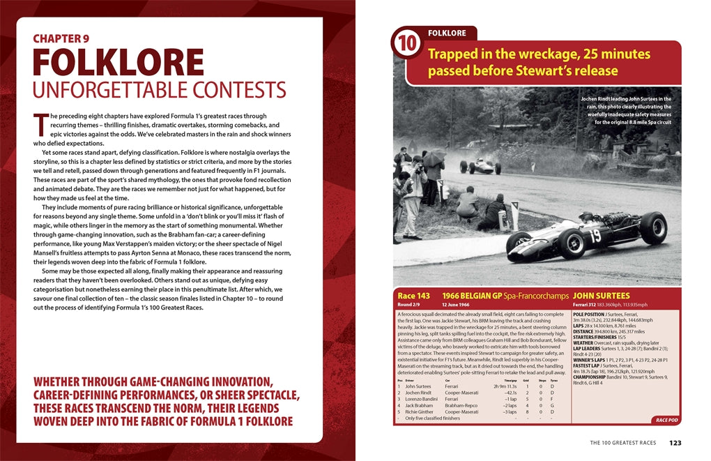 Motorsport race book page with 'FOLKLORE' chapter title and illustration-style text