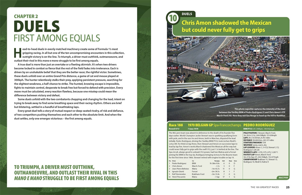 Motorsport race book spread with 'DUELS' chapter text and track race photo