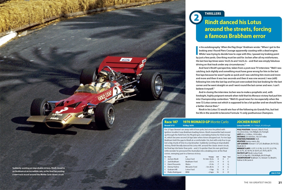 Motorsport race book spread with red race car on road and stats info box